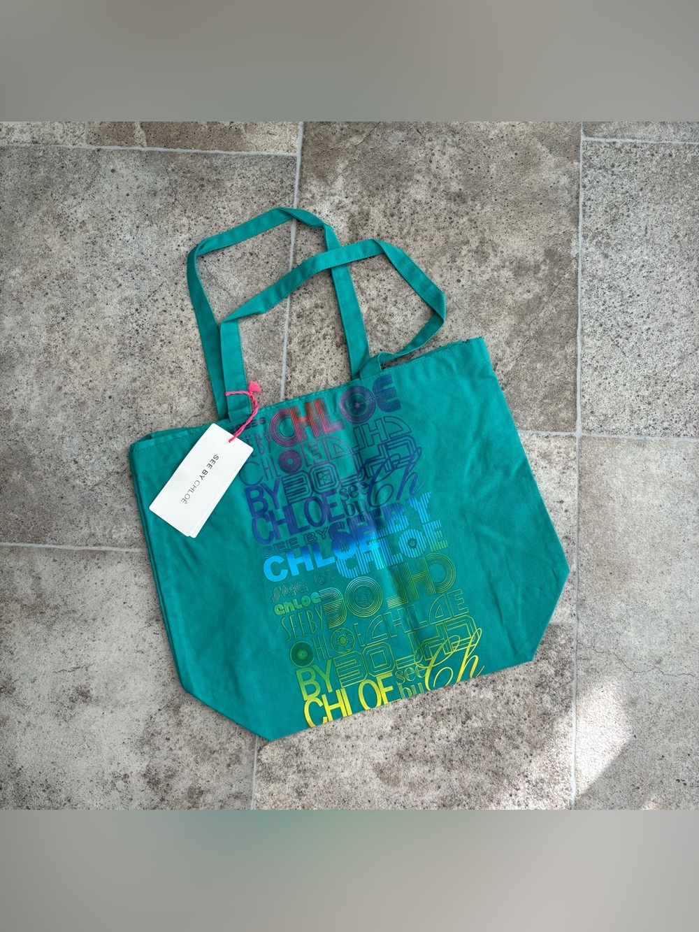 See by Chloe Teal Logo Print Canvas Tote Bag